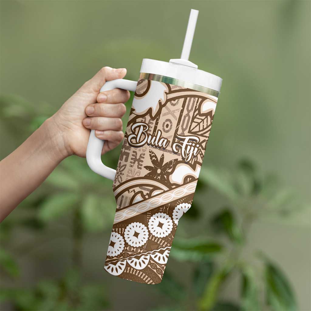 Beige Bula Fiji Tumbler With Handle Fijian Language Week Tapa Cloth - Pastel