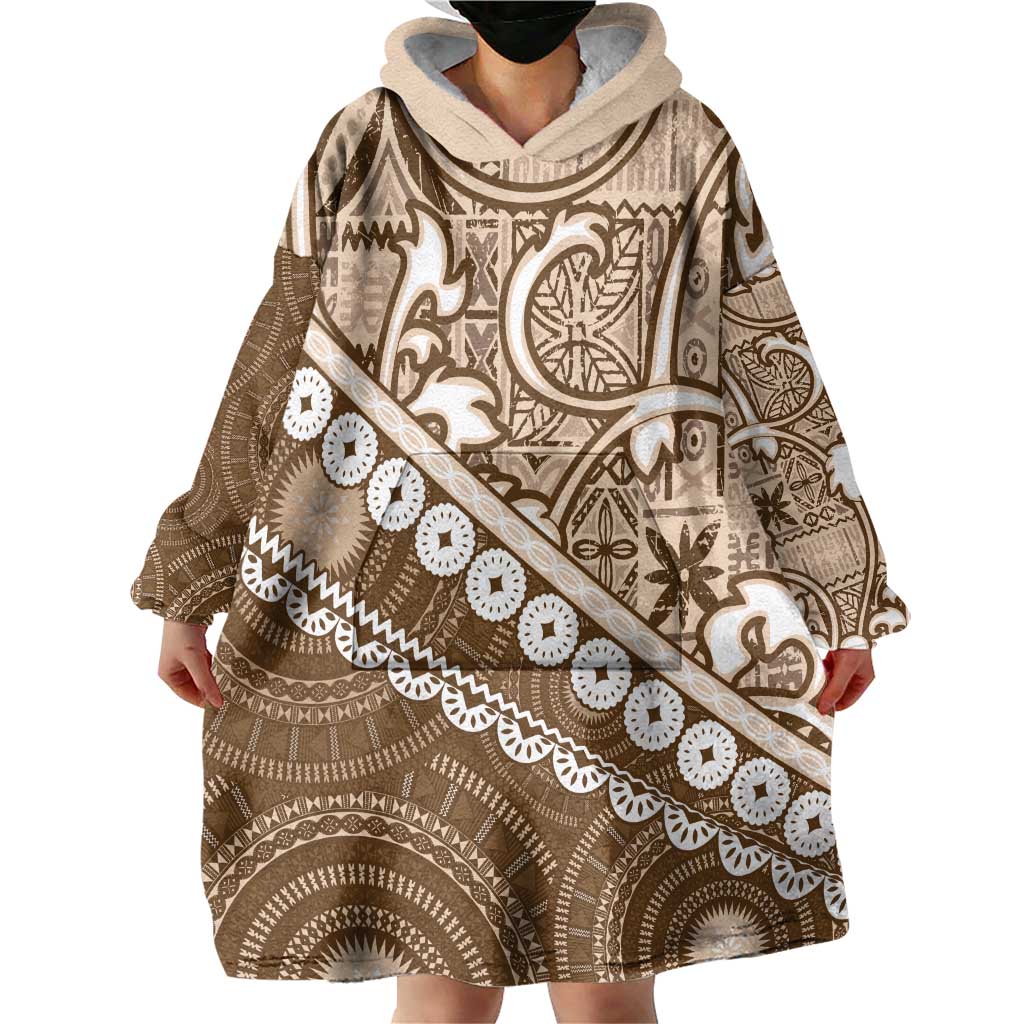 Beige Bula Fiji Wearable Blanket Hoodie Fijian Language Week Tapa Cloth - Pastel LT14 - Polynesian Pride