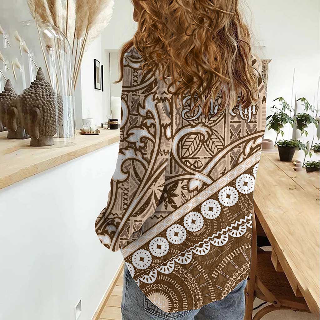 Beige Bula Fiji Women Casual Shirt Fijian Language Week Tapa Cloth - Pastel