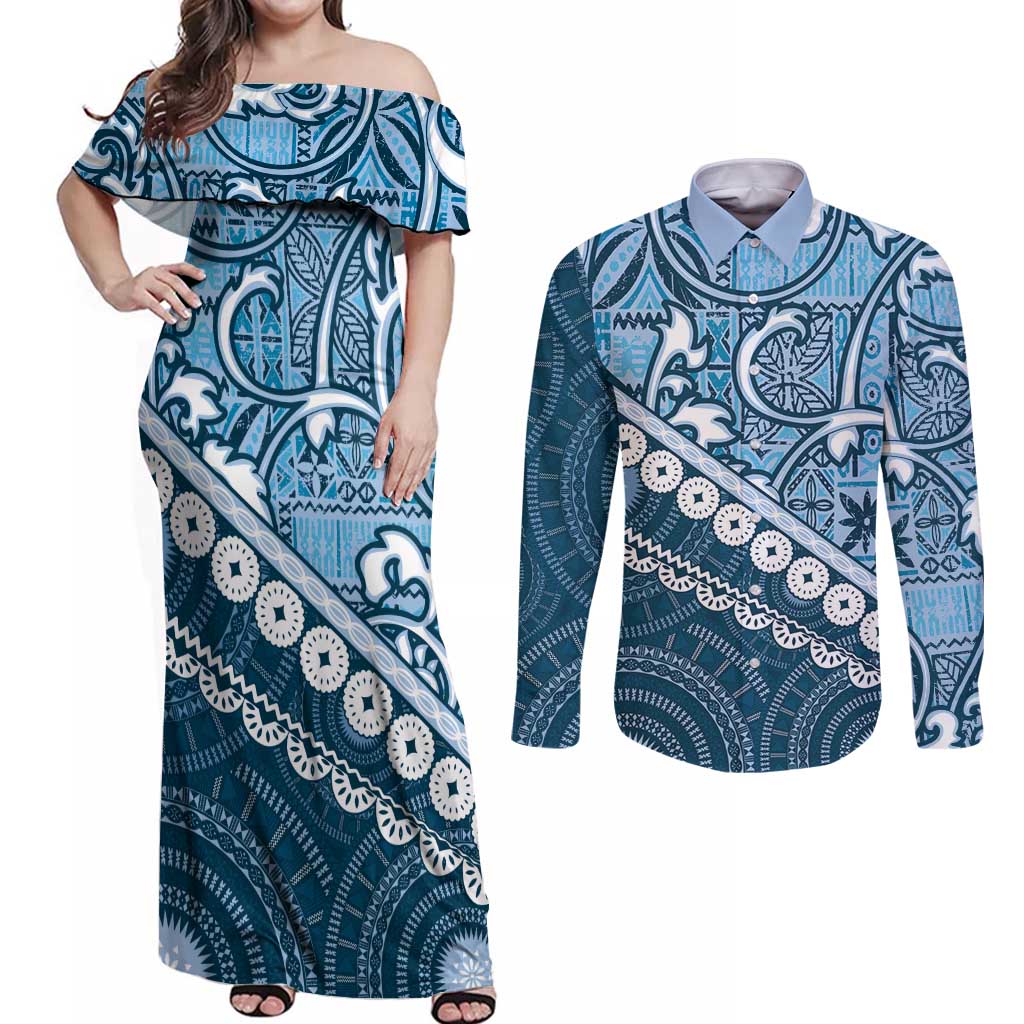 Blue Bula Fiji Couples Matching Off Shoulder Maxi Dress and Long Sleeve Button Shirt Fijian Language Week Tapa Cloth - Pastel