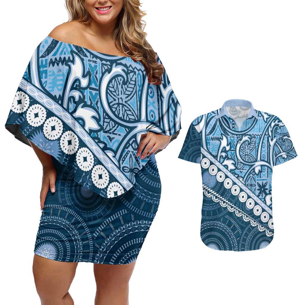 Blue Bula Fiji Couples Matching Off Shoulder Short Dress and Hawaiian Shirt Fijian Language Week Tapa Cloth - Pastel