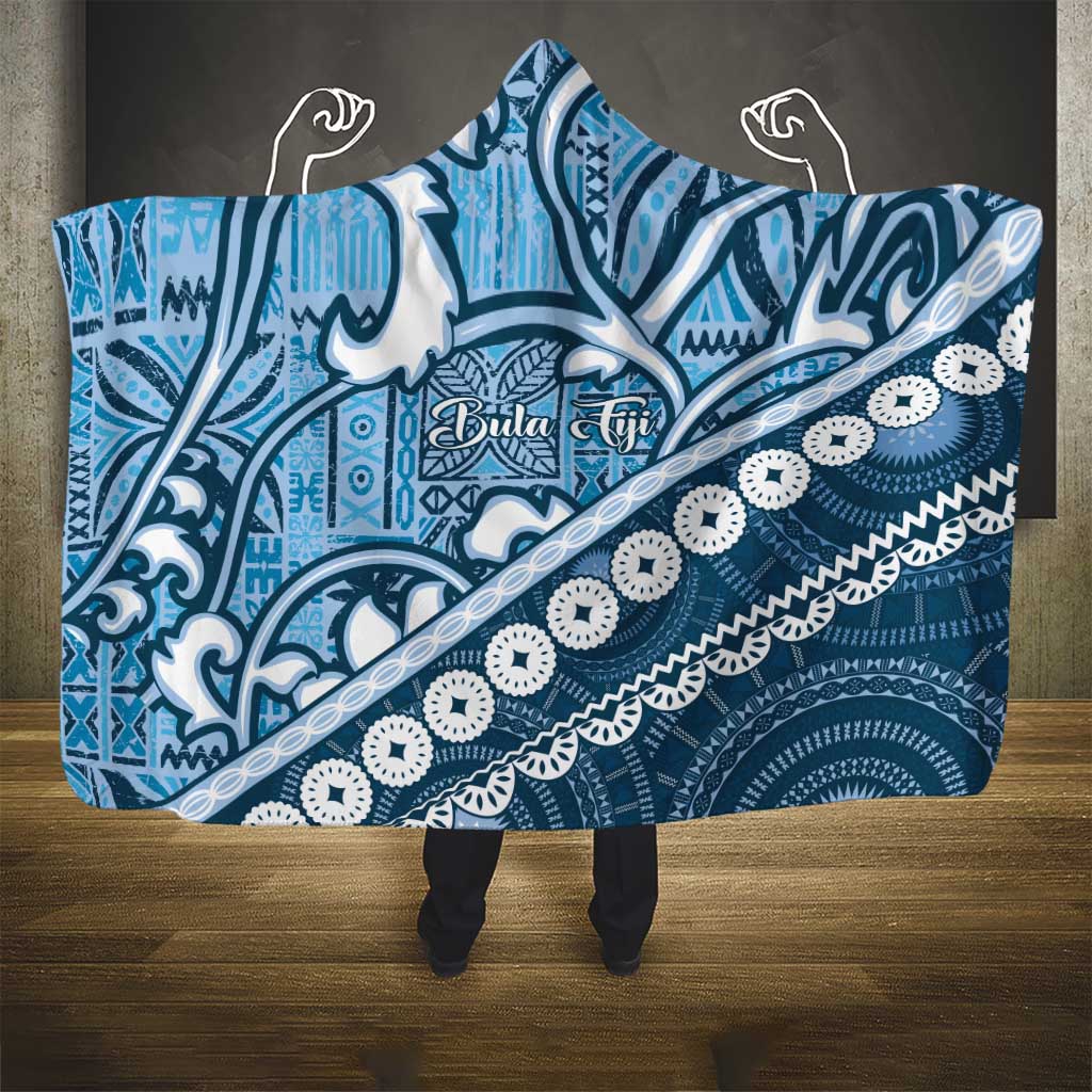Blue Bula Fiji Hooded Blanket Fijian Language Week Tapa Cloth - Pastel