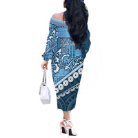 Blue Bula Fiji Off The Shoulder Long Sleeve Dress Fijian Language Week Tapa Cloth - Pastel