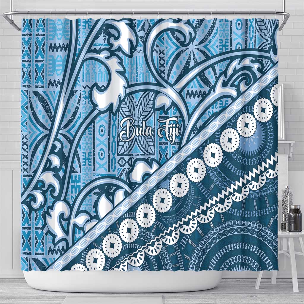 Blue Bula Fiji Shower Curtain Fijian Language Week Tapa Cloth - Pastel