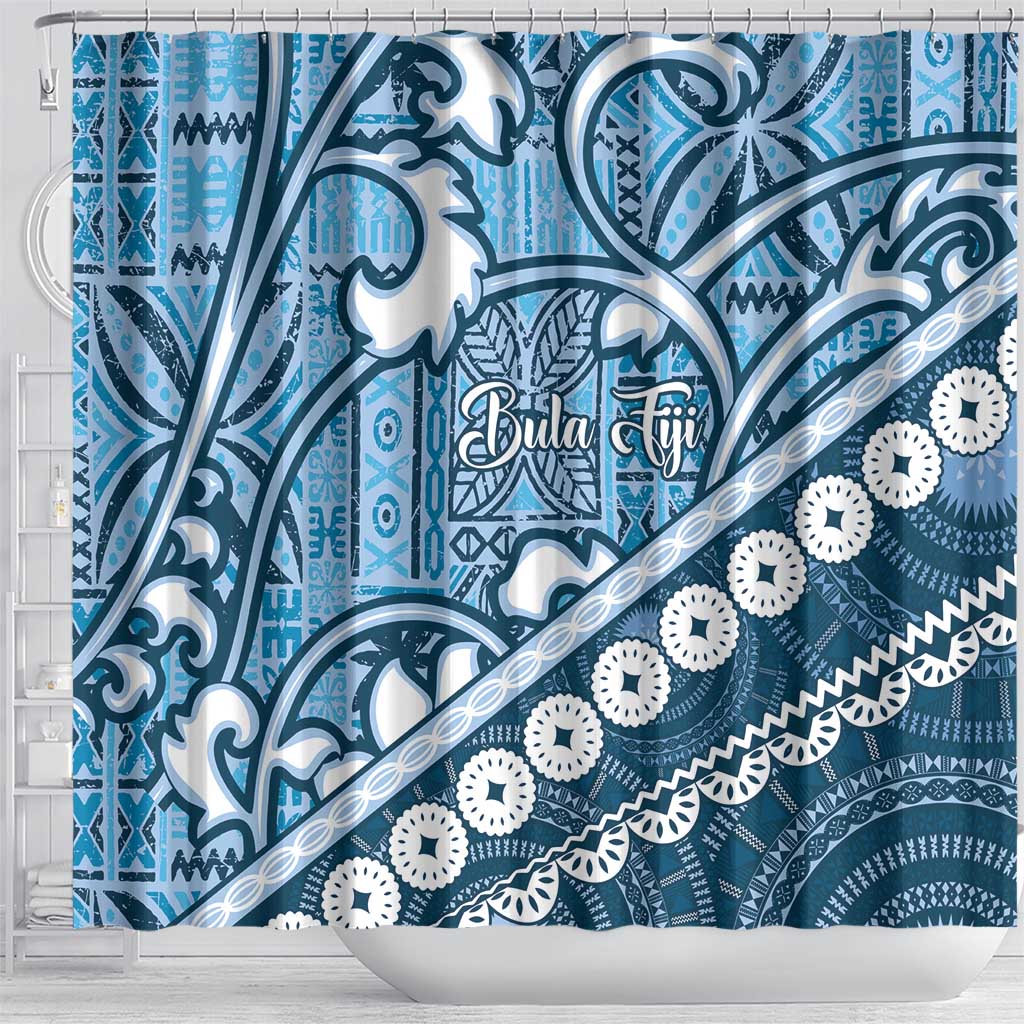Blue Bula Fiji Shower Curtain Fijian Language Week Tapa Cloth - Pastel