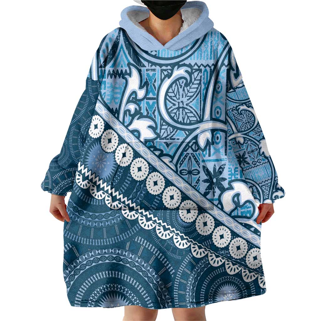 Blue Bula Fiji Wearable Blanket Hoodie Fijian Language Week Tapa Cloth - Pastel LT14 - Polynesian Pride