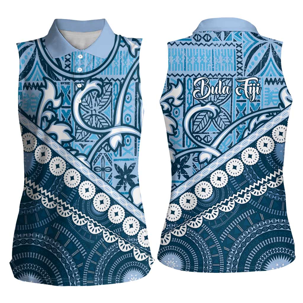 Blue Bula Fiji Women Sleeveless Polo Shirt Fijian Language Week Tapa Cloth - Pastel
