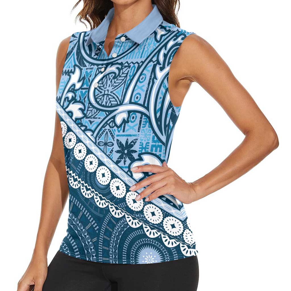 Blue Bula Fiji Women Sleeveless Polo Shirt Fijian Language Week Tapa Cloth - Pastel
