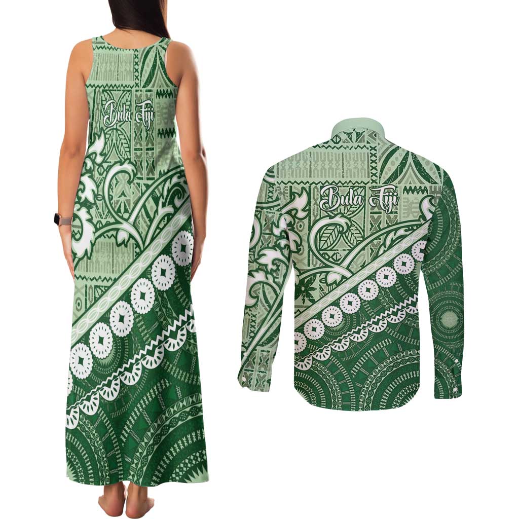 Green Bula Fiji Couples Matching Tank Maxi Dress and Long Sleeve Button Shirt Fijian Language Week Tapa Cloth - Pastel