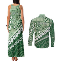 Green Bula Fiji Couples Matching Tank Maxi Dress and Long Sleeve Button Shirt Fijian Language Week Tapa Cloth - Pastel