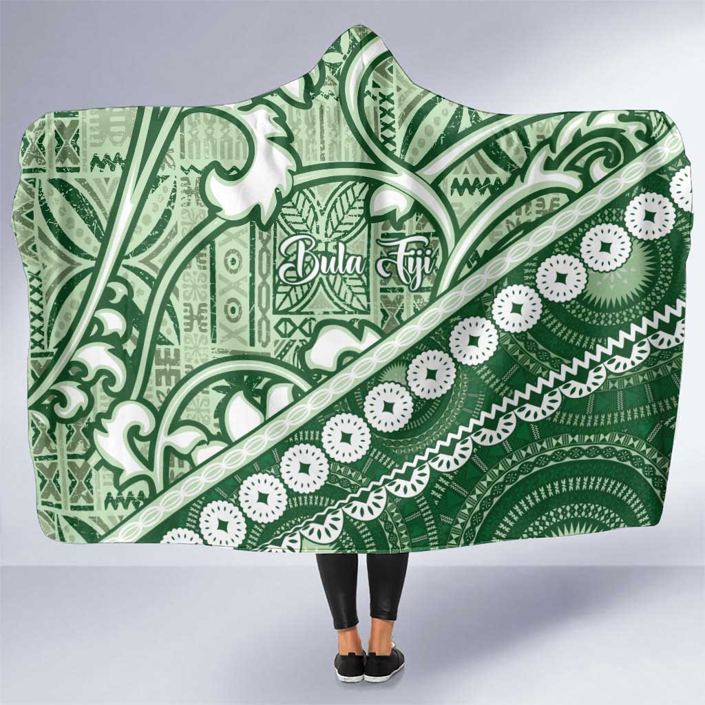 Green Bula Fiji Hooded Blanket Fijian Language Week Tapa Cloth - Pastel