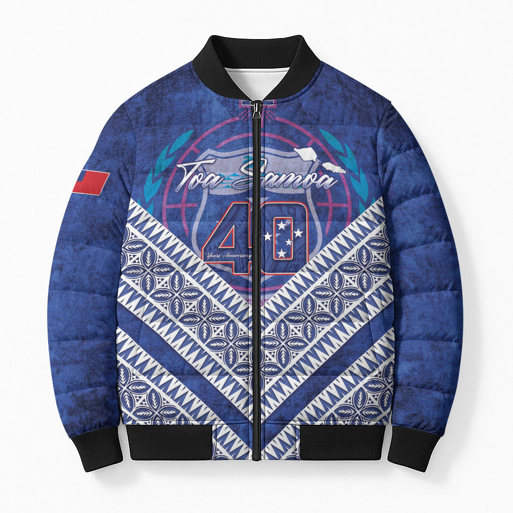 Toa Samoa Rugby Custom Bomber Puffer Jacket 40th Anniversary Samoan Siapo Pattern LT14 Unisex Blue - Polynesian Pride