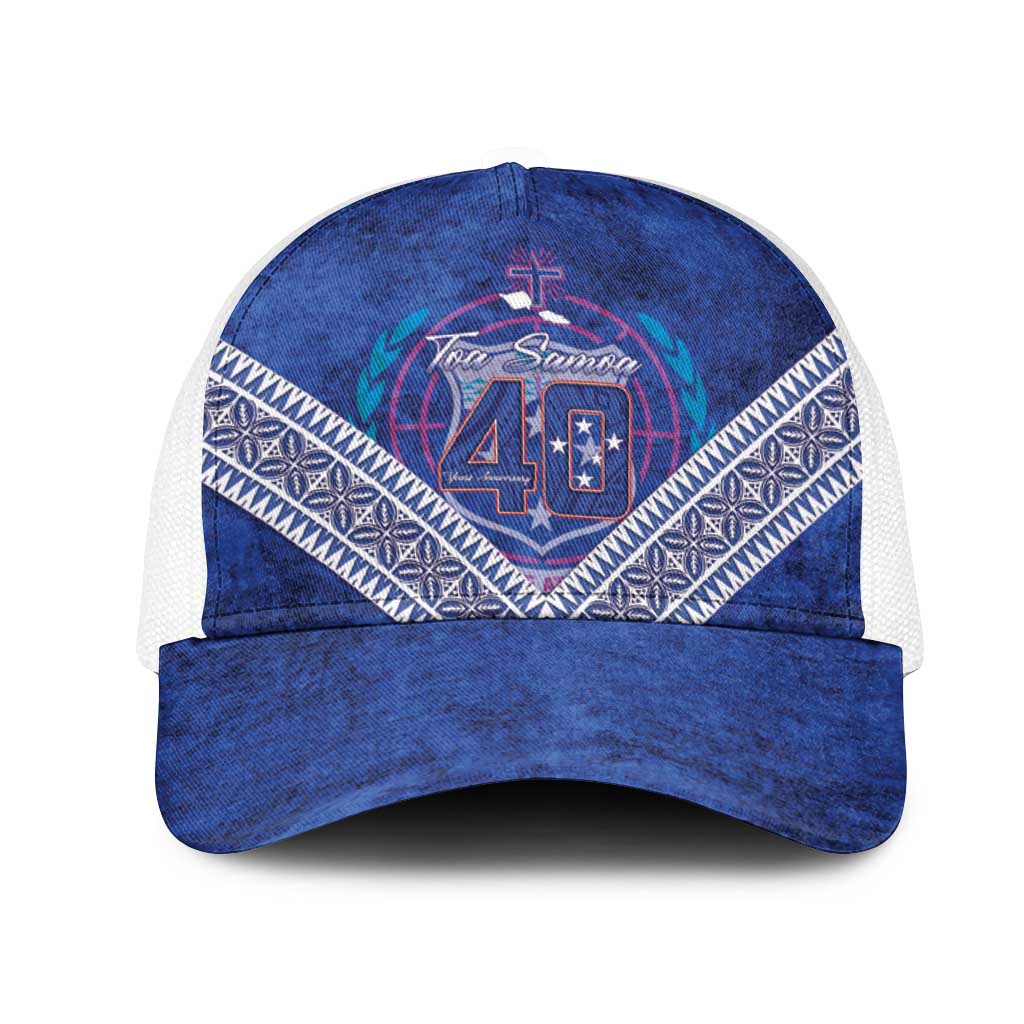 Toa Samoa Rugby Mesh Trucker Cap 40th Anniversary Samoan Siapo Pattern LT14 One Size White Blue - Polynesian Pride