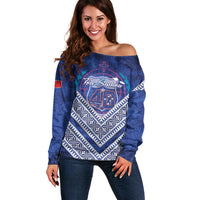 Toa Samoa Rugby Custom Off Shoulder Sweater 40th Anniversary Samoan Siapo Pattern LT14 Women Blue - Polynesian Pride