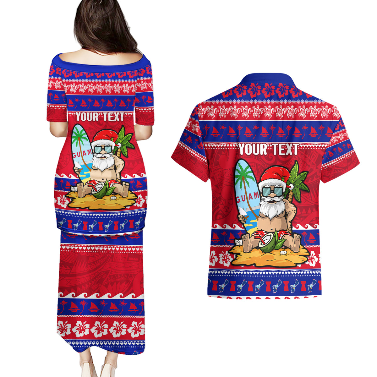 Custom Guam Christmas Couples Matching Puletasi Dress and Hawaiian Shirt Guaman Santas Felis Pasgua LT14 - Polynesian Pride