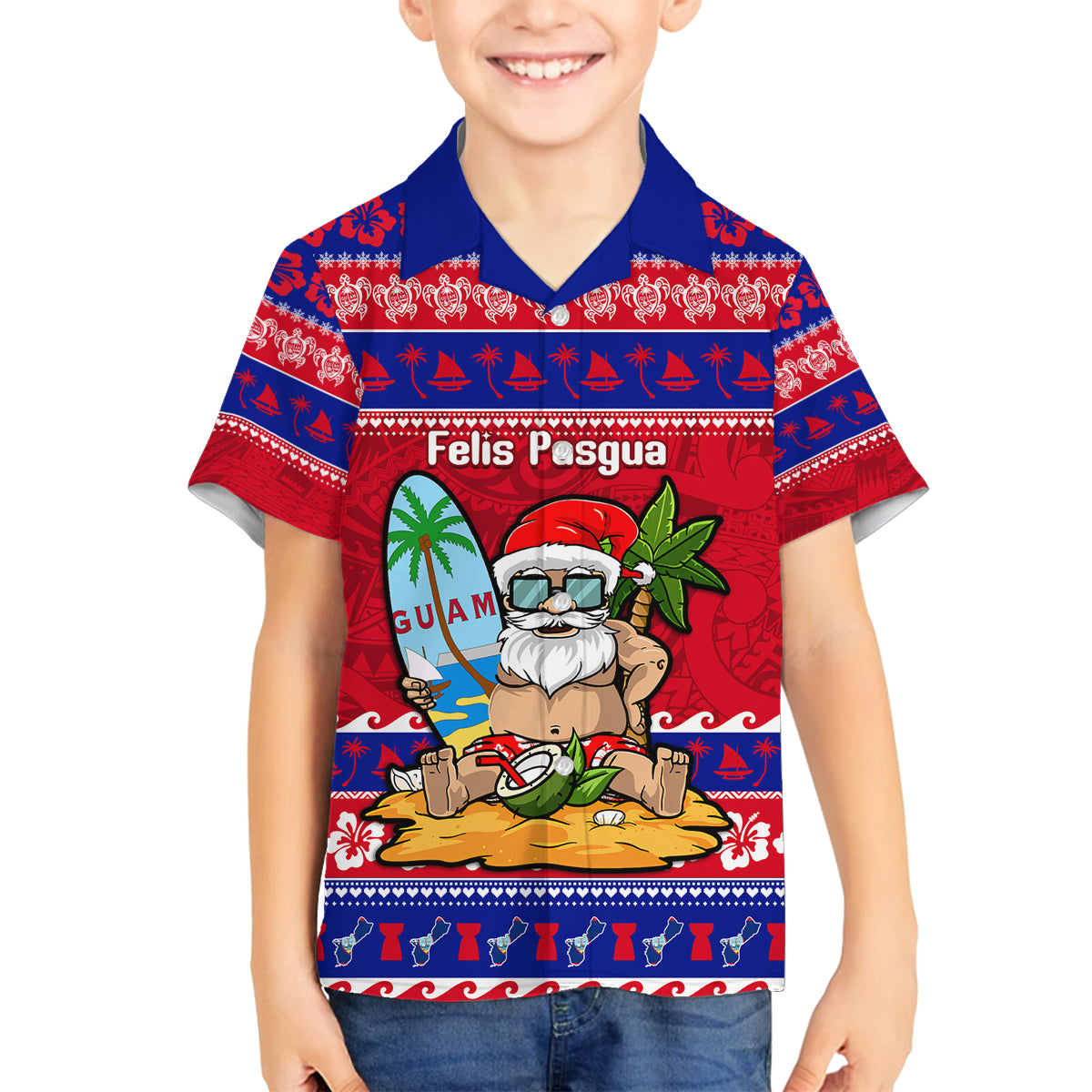 Custom Guam Christmas Family Matching Off Shoulder Long Sleeve Dress and Hawaiian Shirt Guaman Santas Felis Pasgua LT14 Son's Shirt Blue - Polynesian Pride