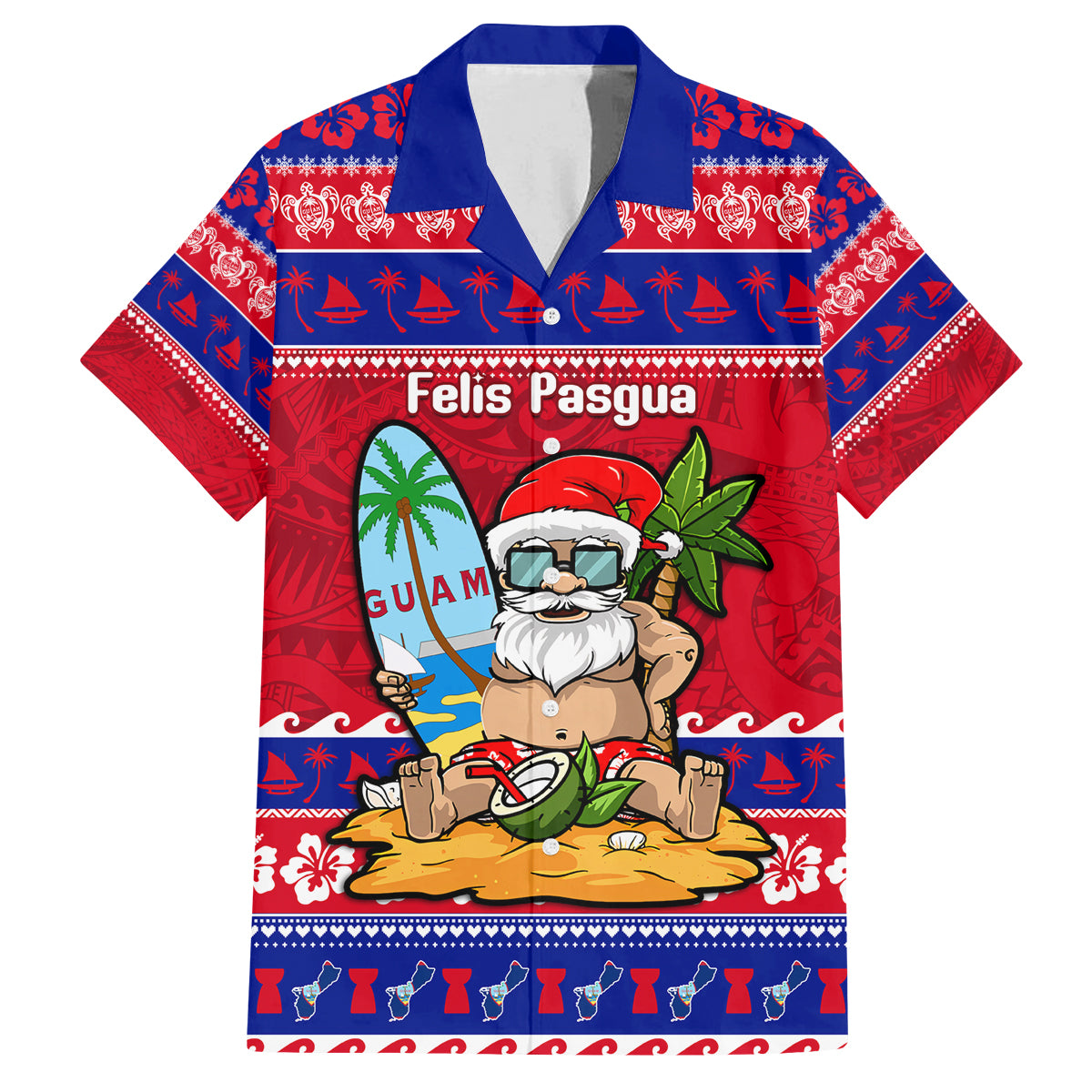 Custom Guam Christmas Family Matching Off Shoulder Short Dress and Hawaiian Shirt Guaman Santas Felis Pasgua LT14 Dad's Shirt - Short Sleeve Blue - Polynesian Pride