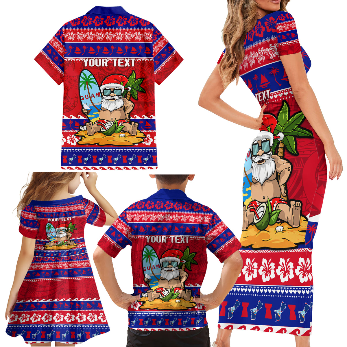 Custom Guam Christmas Family Matching Short Sleeve Bodycon Dress and Hawaiian Shirt Guaman Santas Felis Pasgua LT14 - Polynesian Pride