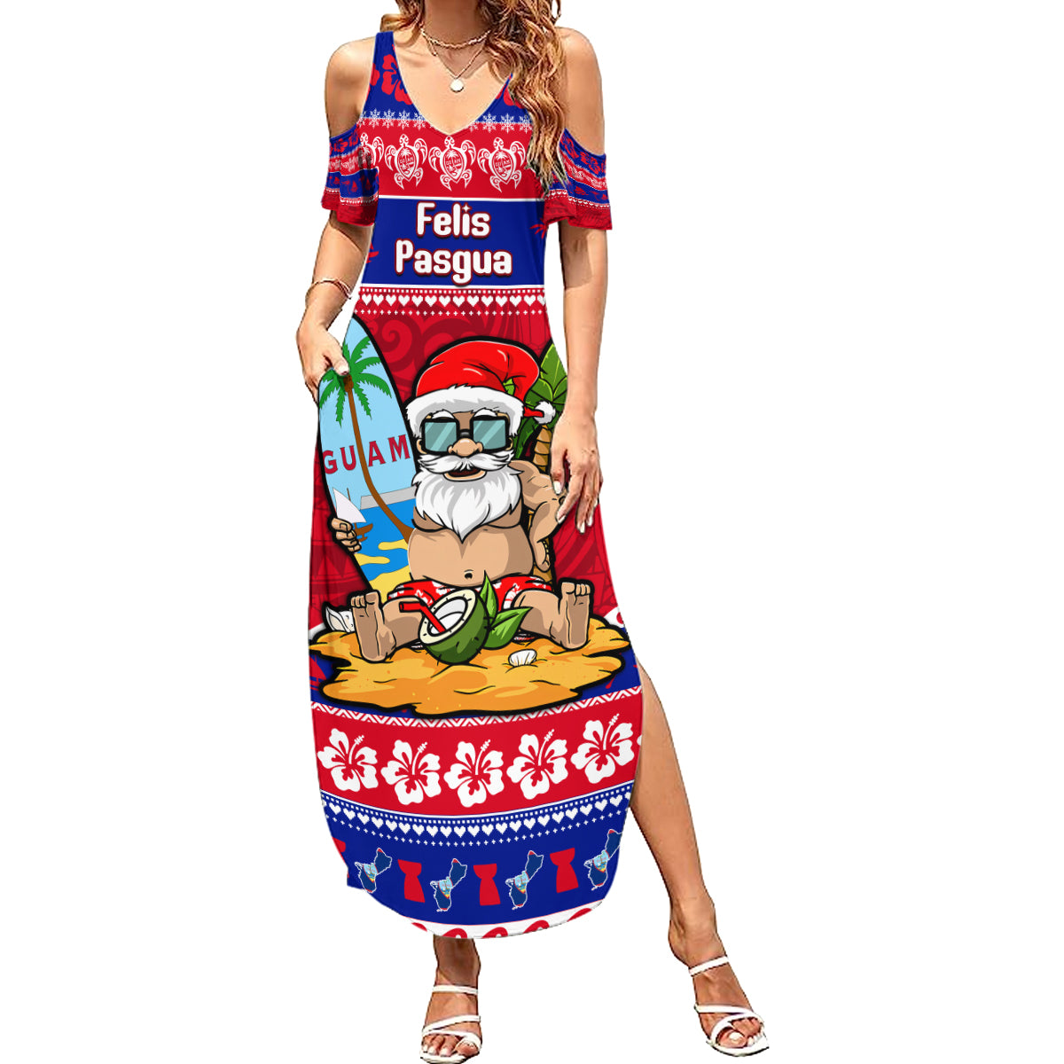 Custom Guam Christmas Family Matching Summer Maxi Dress and Hawaiian Shirt Guaman Santas Felis Pasgua LT14 Mom's Dress Blue - Polynesian Pride