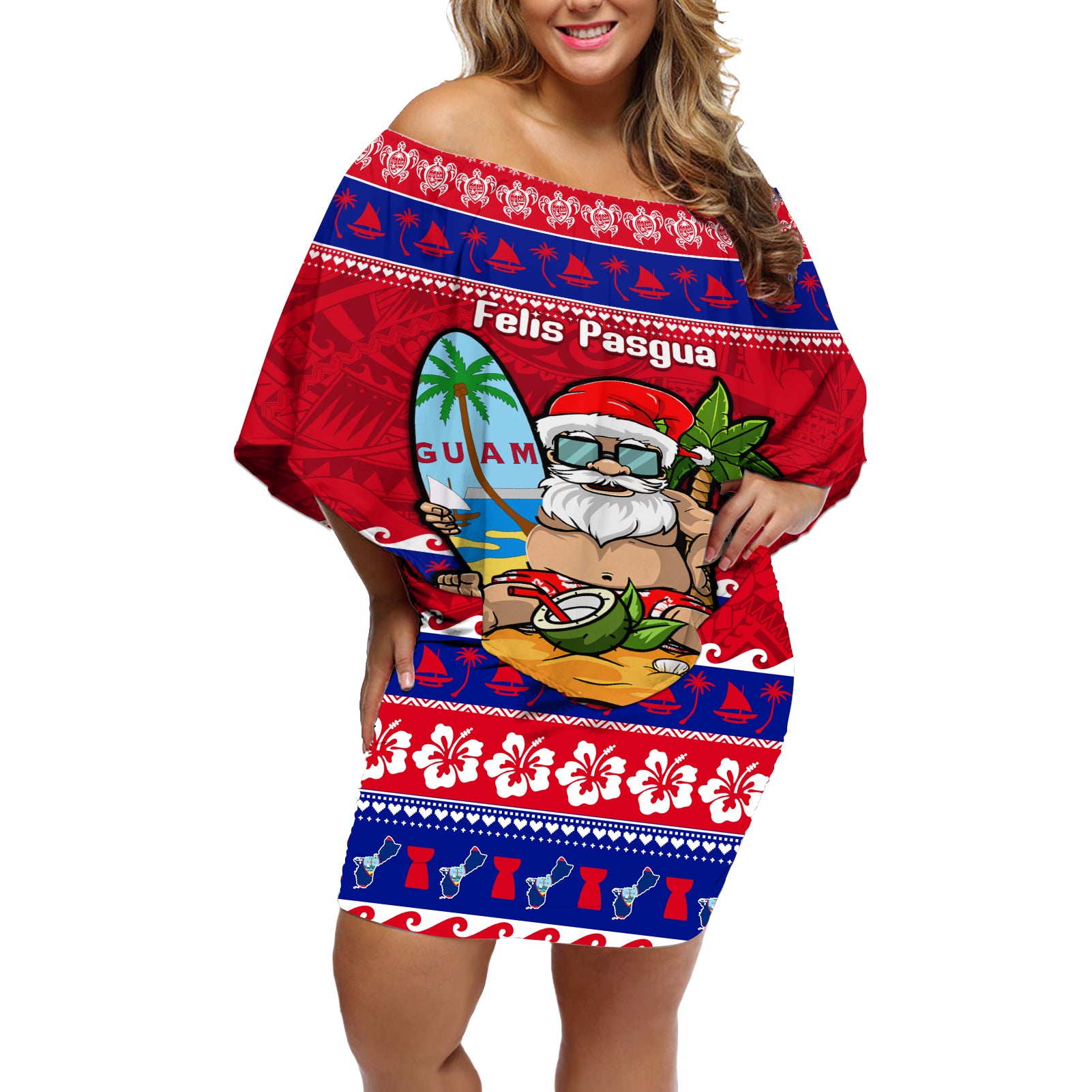 Custom Guam Christmas Off Shoulder Short Dress Guaman Santas Felis Pasgua LT14 Women Blue - Polynesian Pride