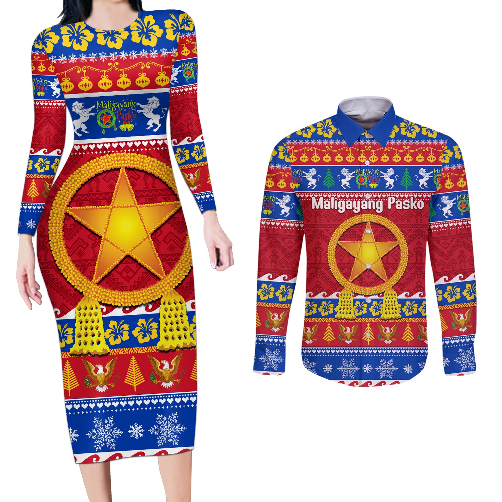 Custom Philippines Christmas Couples Matching Long Sleeve Bodycon Dress and Long Sleeve Button Shirt Filipino Parol Maligayang Pasko LT14 Blue - Polynesian Pride