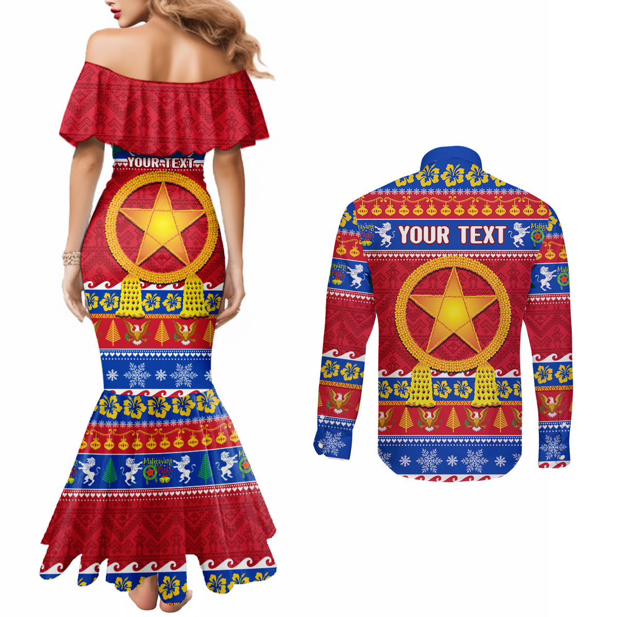 Custom Philippines Christmas Couples Matching Mermaid Dress and Long Sleeve Button Shirt Filipino Parol Maligayang Pasko LT14 - Polynesian Pride