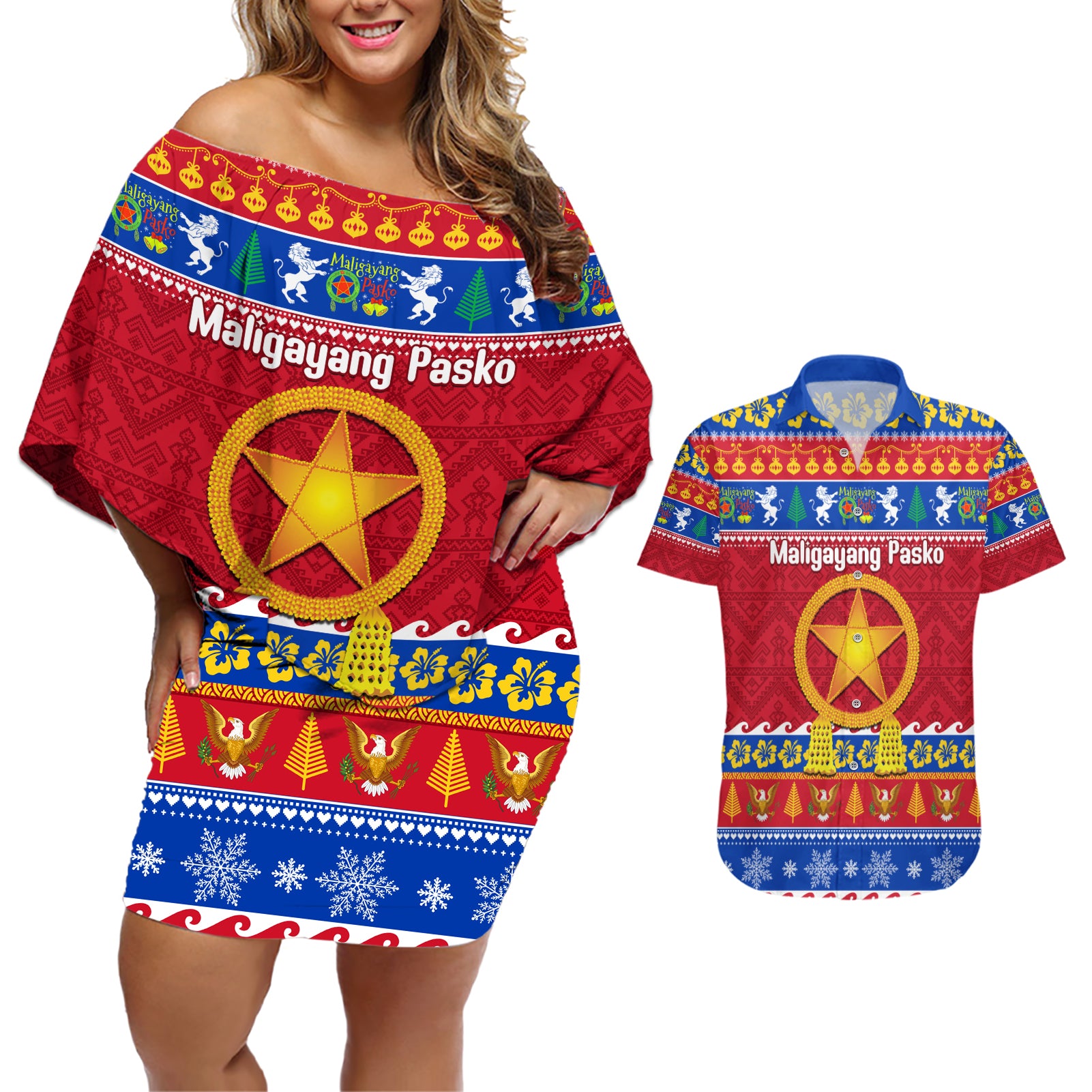 Custom Philippines Christmas Couples Matching Off Shoulder Short Dress and Hawaiian Shirt Filipino Parol Maligayang Pasko LT14 Blue - Polynesian Pride