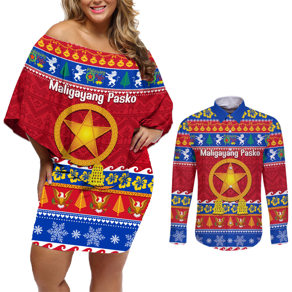 Custom Philippines Christmas Couples Matching Off Shoulder Short Dress and Long Sleeve Button Shirt Filipino Parol Maligayang Pasko LT14 Blue - Polynesian Pride