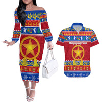 Custom Philippines Christmas Couples Matching Off The Shoulder Long Sleeve Dress and Hawaiian Shirt Filipino Parol Maligayang Pasko LT14 Blue - Polynesian Pride