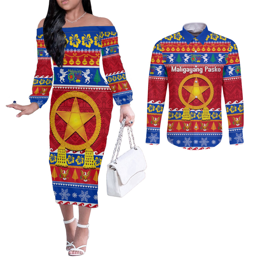 Custom Philippines Christmas Couples Matching Off The Shoulder Long Sleeve Dress and Long Sleeve Button Shirt Filipino Parol Maligayang Pasko LT14 Blue - Polynesian Pride