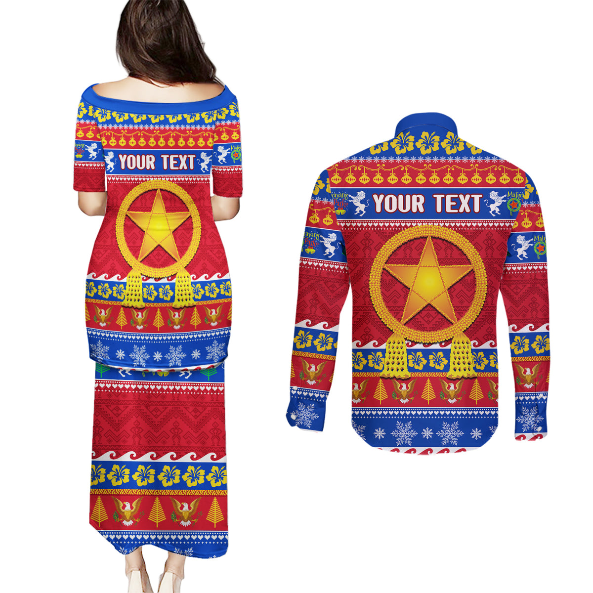 Custom Philippines Christmas Couples Matching Puletasi Dress and Long Sleeve Button Shirt Filipino Parol Maligayang Pasko LT14 - Polynesian Pride