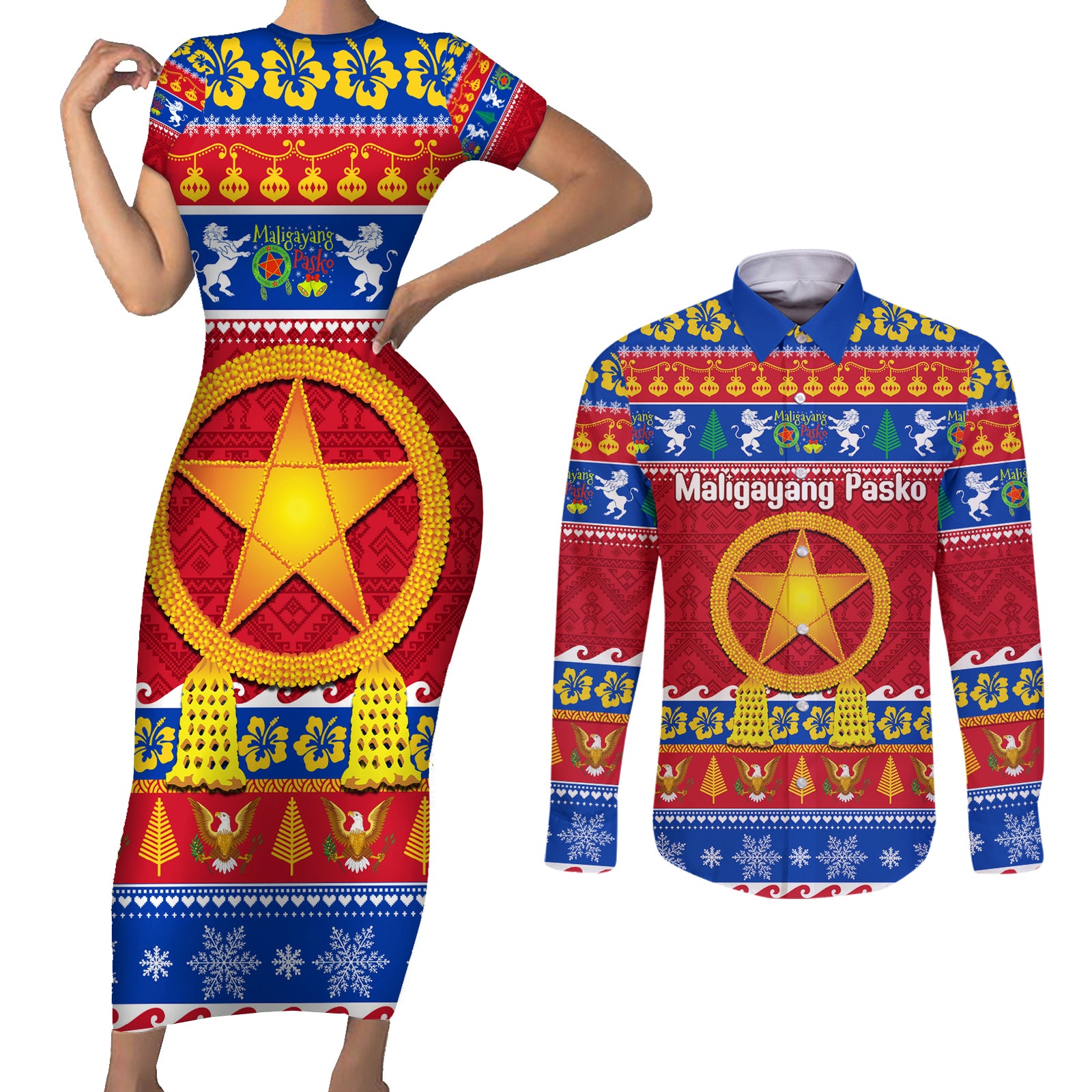Custom Philippines Christmas Couples Matching Short Sleeve Bodycon Dress and Long Sleeve Button Shirt Filipino Parol Maligayang Pasko LT14 Blue - Polynesian Pride