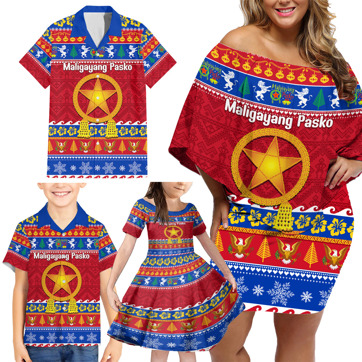 Custom Philippines Christmas Family Matching Off Shoulder Short Dress and Hawaiian Shirt Filipino Parol Maligayang Pasko LT14 - Polynesian Pride