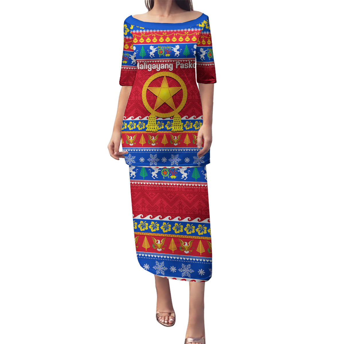 Custom Philippines Christmas Family Matching Puletasi Dress and Hawaiian Shirt Filipino Parol Maligayang Pasko LT14 Mom's Dress Blue - Polynesian Pride