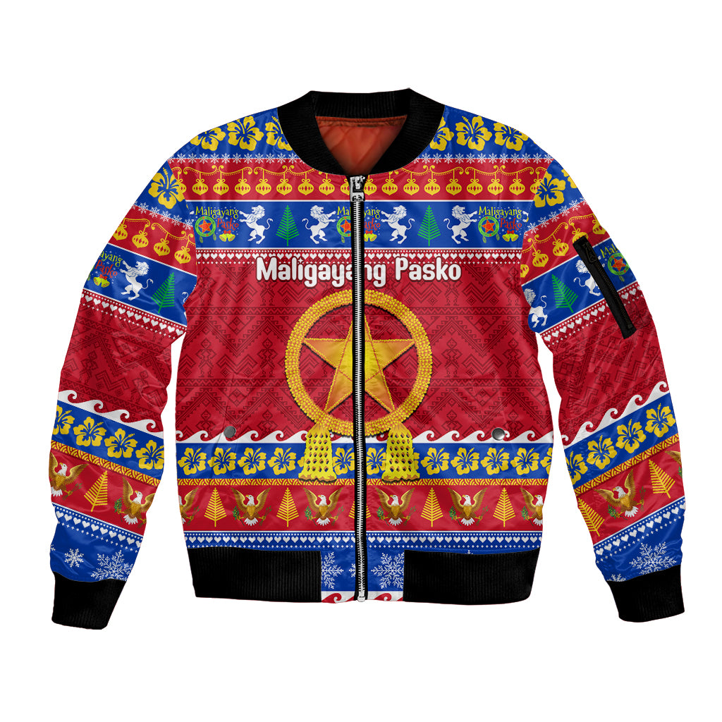 Custom Philippines Christmas Sleeve Zip Bomber Jacket Filipino Parol Maligayang Pasko LT14 Unisex Blue - Polynesian Pride