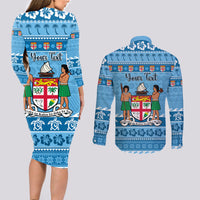 Custom Fiji Christmas Couples Matching Long Sleeve Bodycon Dress and Long Sleeve Button Shirt Fijian Tapa Marau na Kerisimasi LT14 - Polynesian Pride