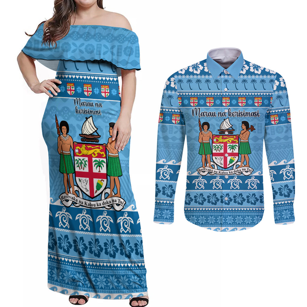 Custom Fiji Christmas Couples Matching Off Shoulder Maxi Dress and Long Sleeve Button Shirt Fijian Tapa Marau na Kerisimasi LT14 Blue - Polynesian Pride