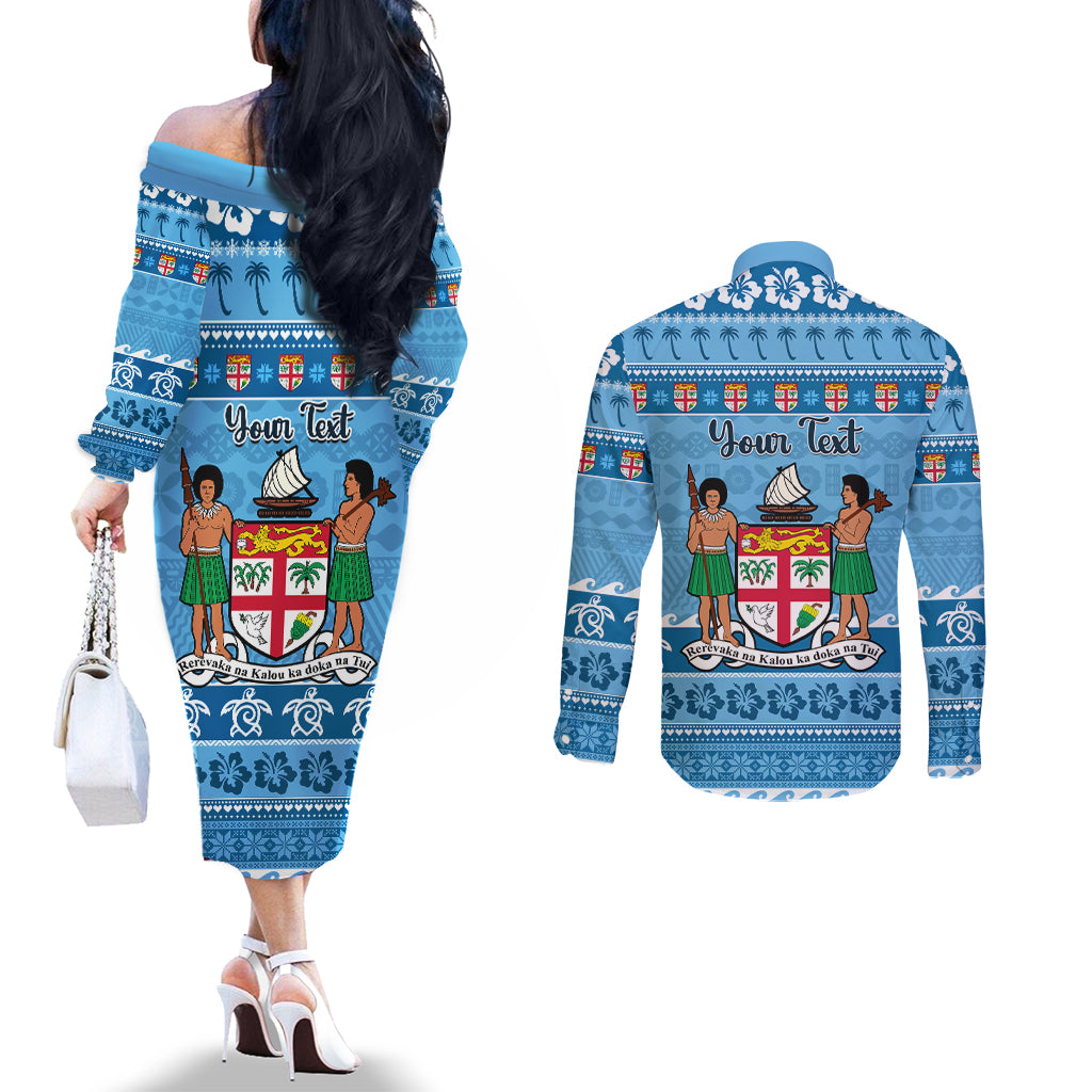 Custom Fiji Christmas Couples Matching Off The Shoulder Long Sleeve Dress and Long Sleeve Button Shirt Fijian Tapa Marau na Kerisimasi LT14 - Polynesian Pride