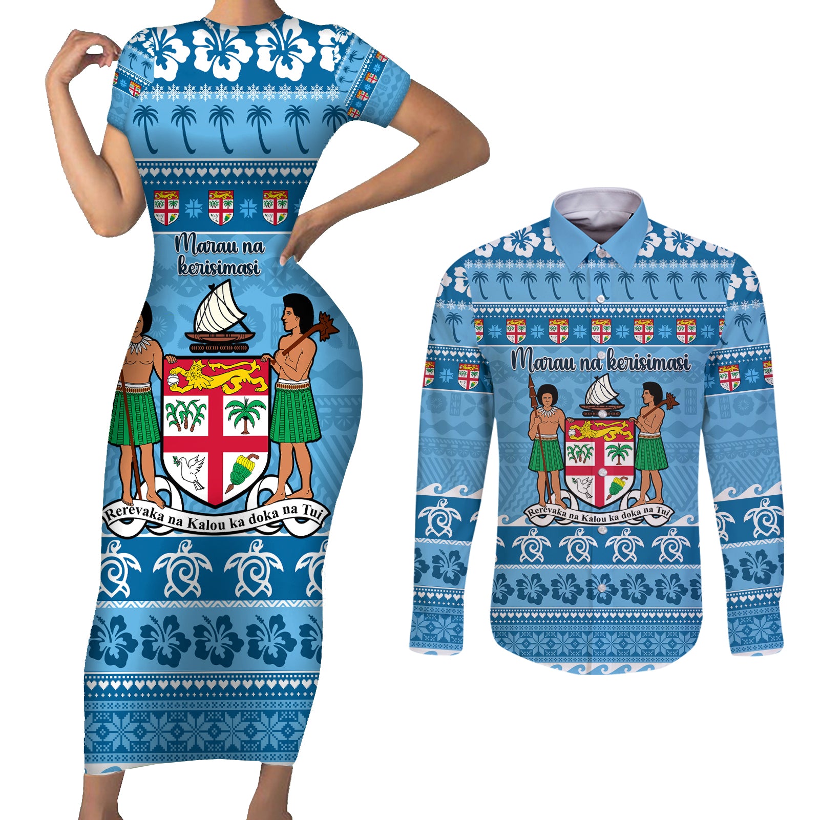 Custom Fiji Christmas Couples Matching Short Sleeve Bodycon Dress and Long Sleeve Button Shirt Fijian Tapa Marau na Kerisimasi LT14 Blue - Polynesian Pride