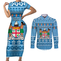 Custom Fiji Christmas Couples Matching Short Sleeve Bodycon Dress and Long Sleeve Button Shirt Fijian Tapa Marau na Kerisimasi LT14 Blue - Polynesian Pride