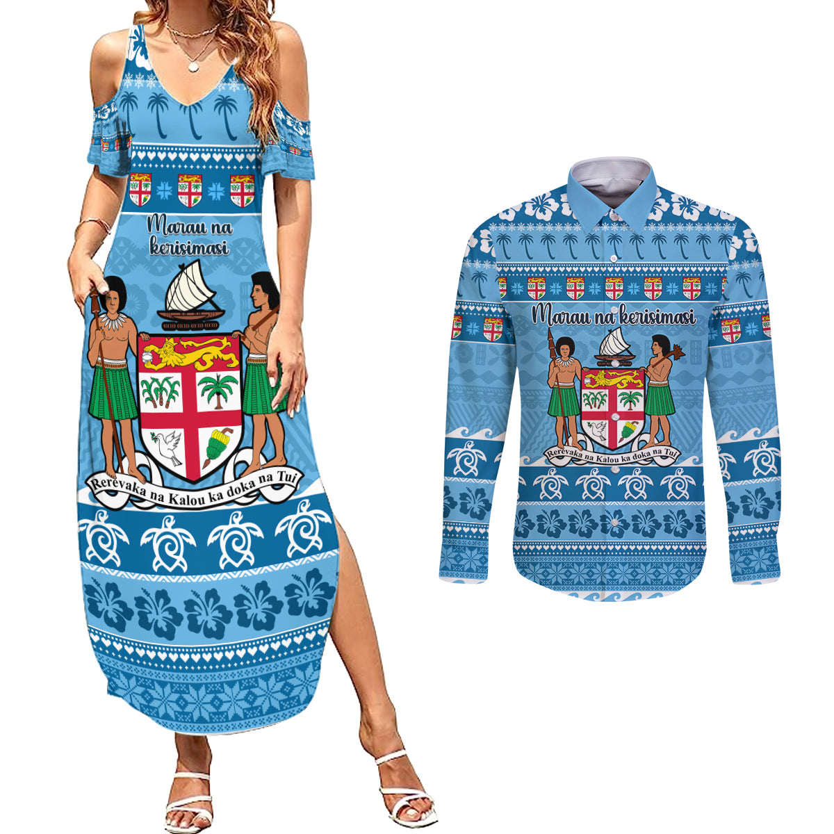 Custom Fiji Christmas Couples Matching Summer Maxi Dress and Long Sleeve Button Shirt Fijian Tapa Marau na Kerisimasi LT14 Blue - Polynesian Pride