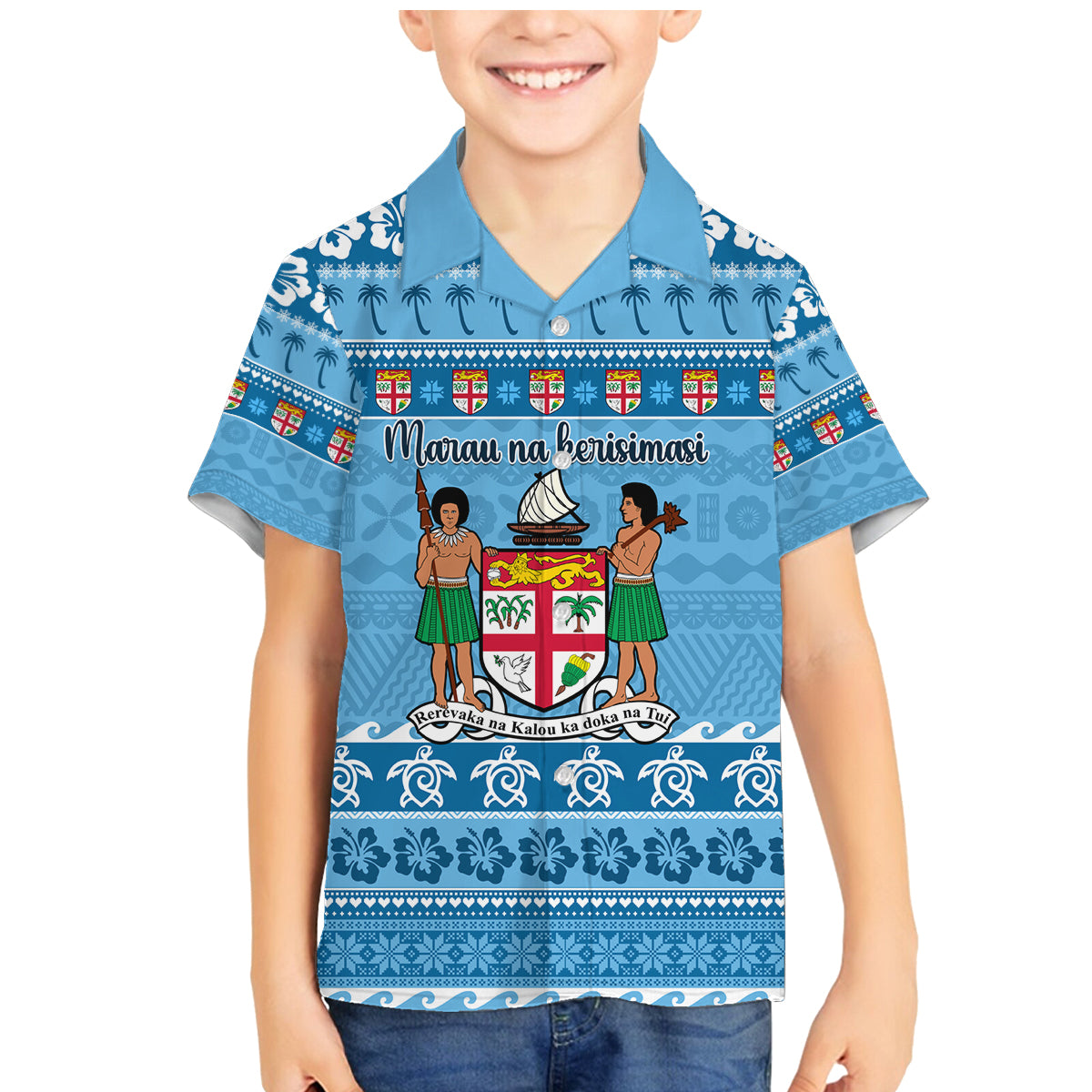 Custom Fiji Christmas Family Matching Mermaid Dress and Hawaiian Shirt Fijian Tapa Marau na Kerisimasi LT14 Son's Shirt Blue - Polynesian Pride