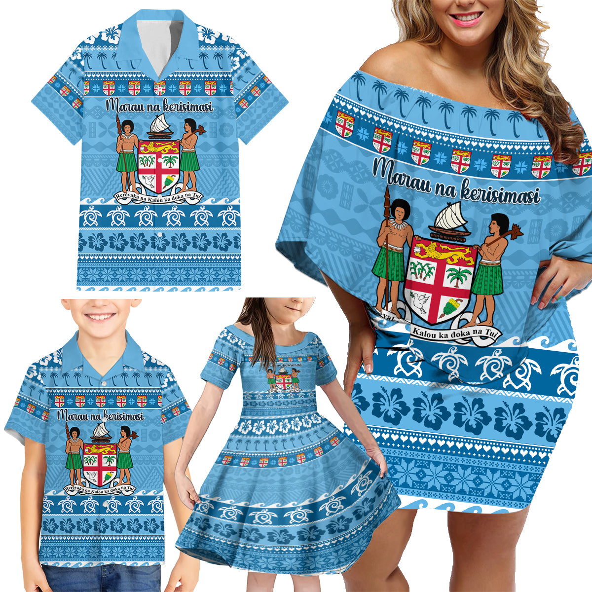 Custom Fiji Christmas Family Matching Off Shoulder Short Dress and Hawaiian Shirt Fijian Tapa Marau na Kerisimasi LT14 - Polynesian Pride