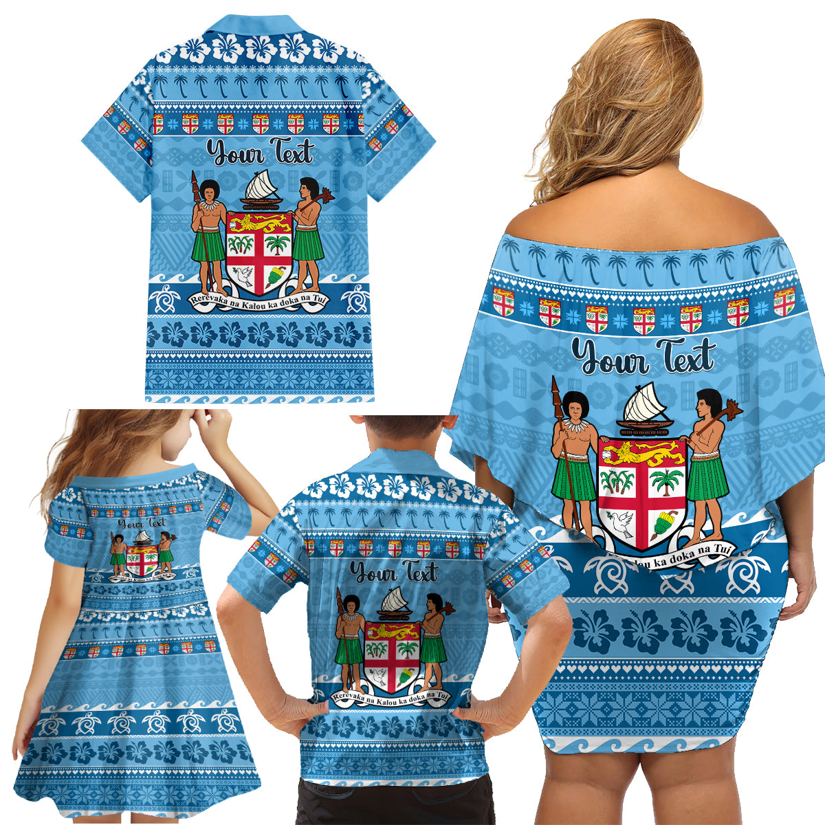 Custom Fiji Christmas Family Matching Off Shoulder Short Dress and Hawaiian Shirt Fijian Tapa Marau na Kerisimasi LT14 - Polynesian Pride