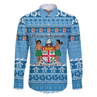 Custom Fiji Christmas Family Matching Puletasi Dress and Hawaiian Shirt Fijian Tapa Marau na Kerisimasi LT14 Dad's Shirt - Long Sleeve Blue - Polynesian Pride