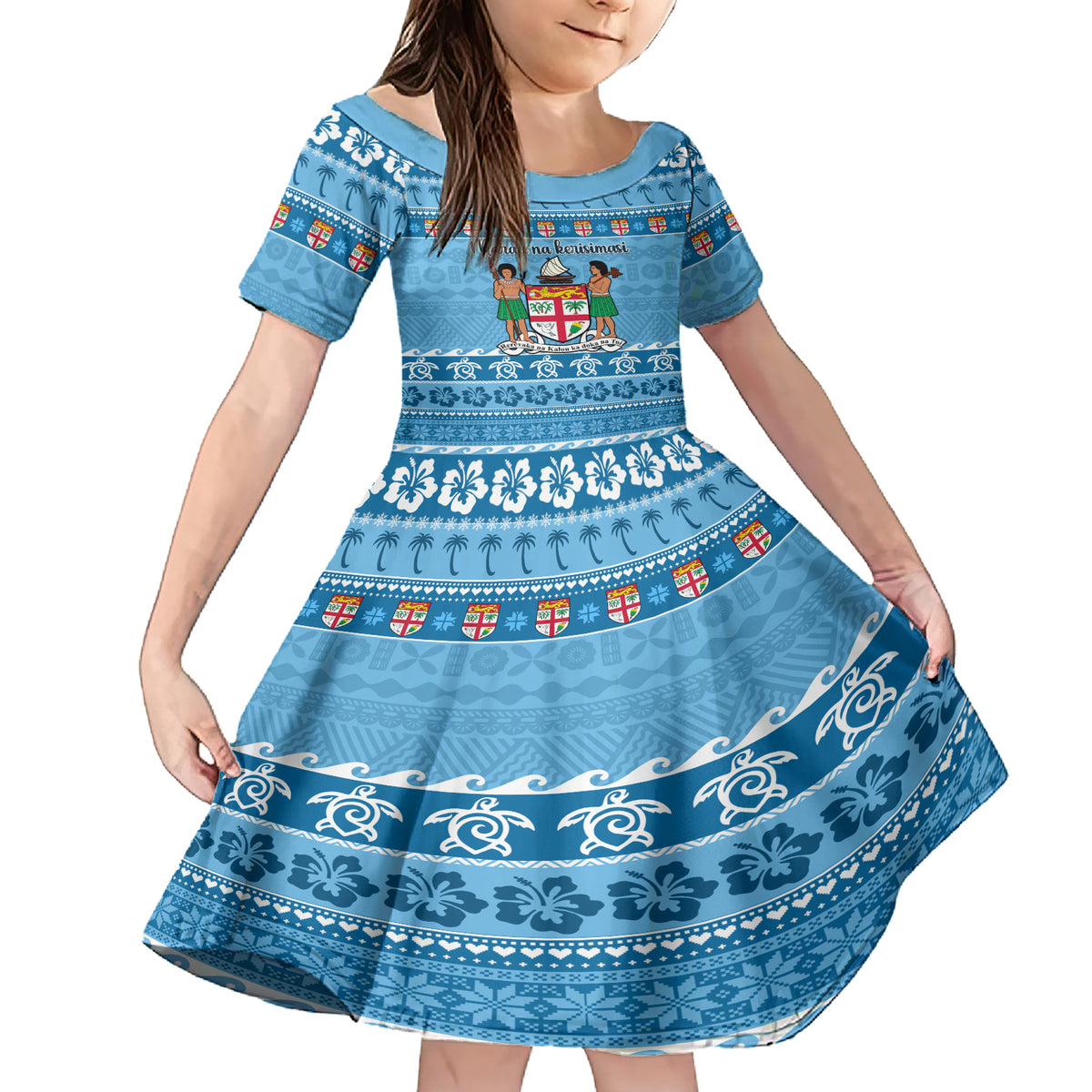 Custom Fiji Christmas Family Matching Short Sleeve Bodycon Dress and Hawaiian Shirt Fijian Tapa Marau na Kerisimasi LT14 Daughter's Dress Blue - Polynesian Pride