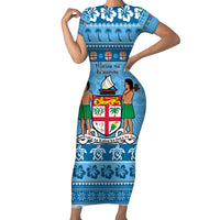 Custom Fiji Christmas Family Matching Short Sleeve Bodycon Dress and Hawaiian Shirt Fijian Tapa Marau na Kerisimasi LT14 Mom's Dress Blue - Polynesian Pride