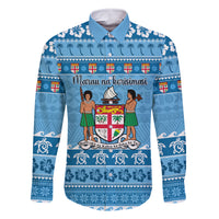 Custom Fiji Christmas Family Matching Summer Maxi Dress and Hawaiian Shirt Fijian Tapa Marau na Kerisimasi LT14 Dad's Shirt - Long Sleeve Blue - Polynesian Pride