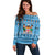 Custom Fiji Christmas Off Shoulder Sweater Fijian Tapa Marau na Kerisimasi LT14 Women Blue - Polynesian Pride