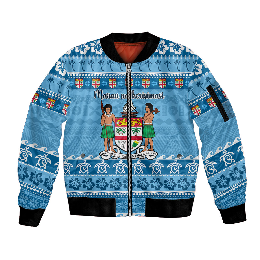 Custom Fiji Christmas Sleeve Zip Bomber Jacket Fijian Tapa Marau na Kerisimasi LT14 Unisex Blue - Polynesian Pride
